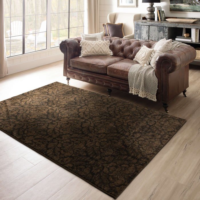 Technicolor Damask Brown Area Rug