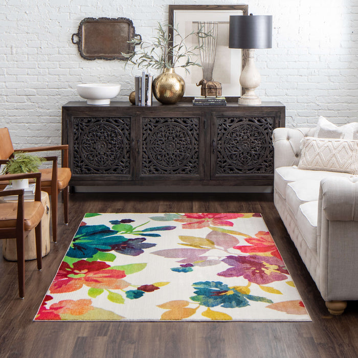 Technicolor Blooms White & Pink Area Rug