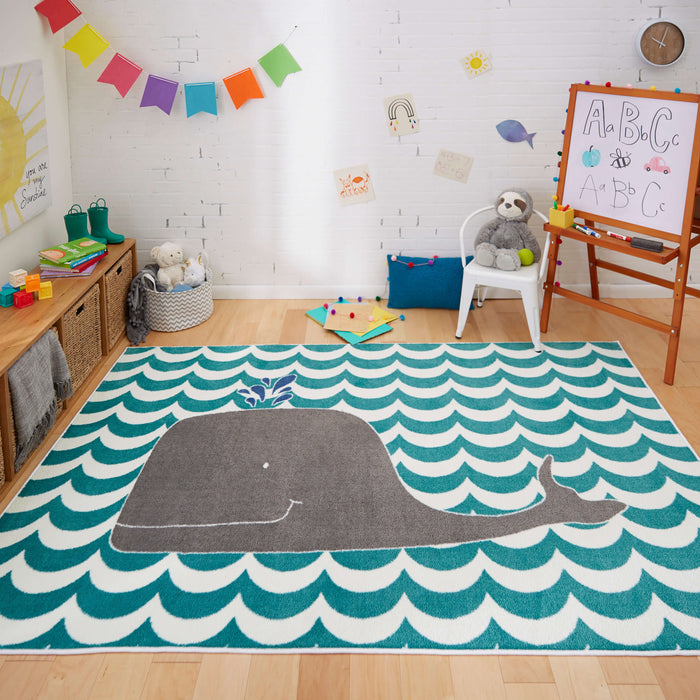 Technicolor Whale Blue Area Rug
