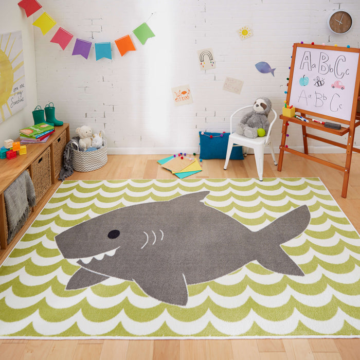 Technicolor Happy Shark Lime Green Area Rug