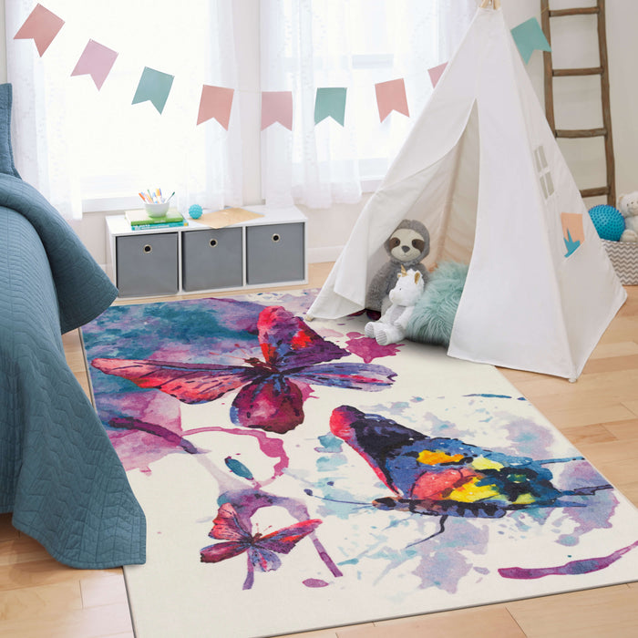 Technicolor Butterfly White & Purple Area Rug