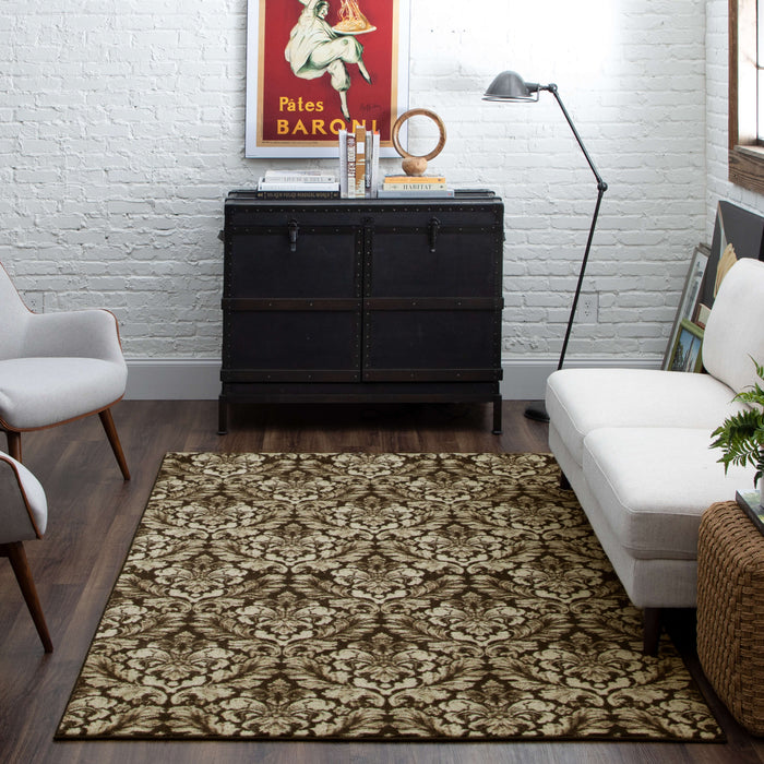 Technicolor Damask White & Brown Area Rug