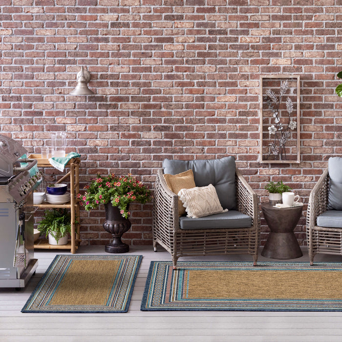 Jackson Geometric Border Blue and Tan Area Rug