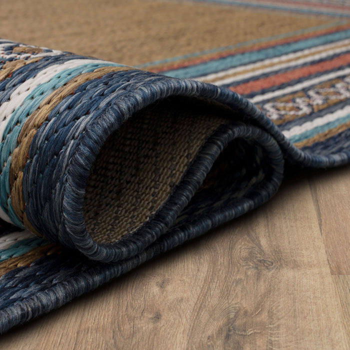 Jackson Geometric Border Blue and Tan Area Rug