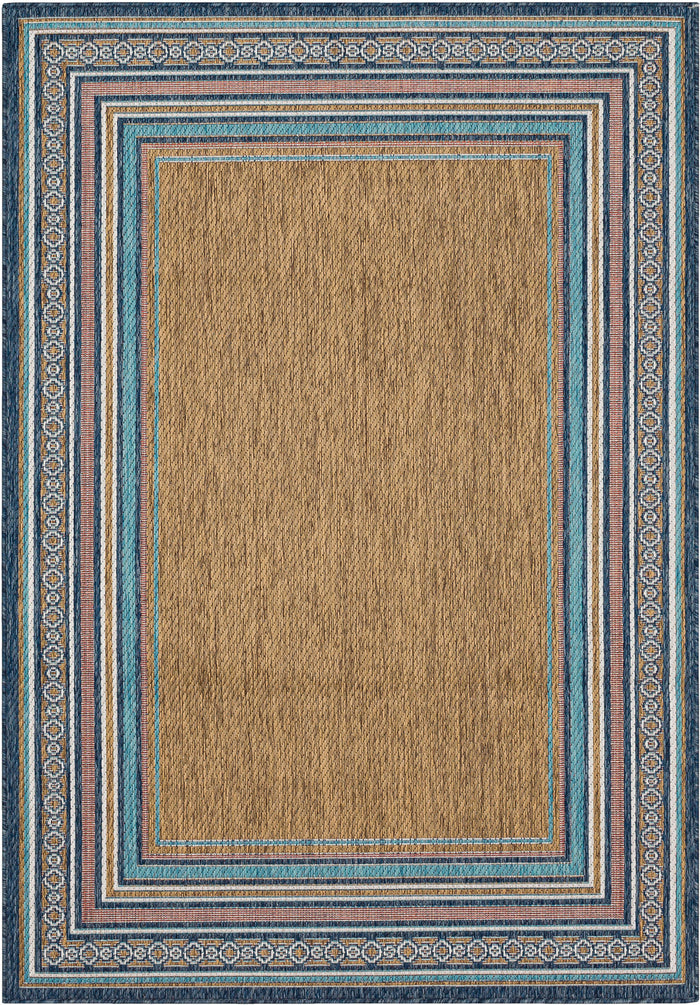 Jackson Geometric Border Blue and Tan Area Rug