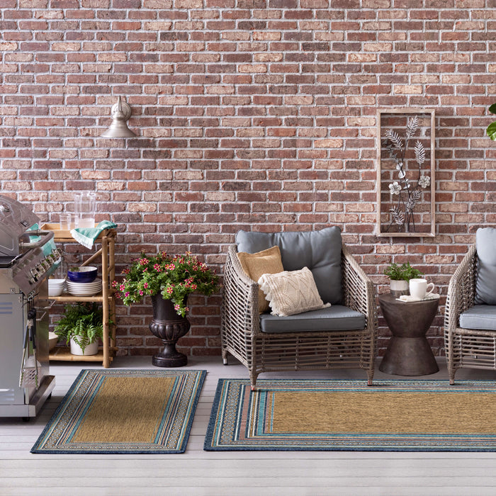 Jackson Geometric Border Blue and Tan Area Rug
