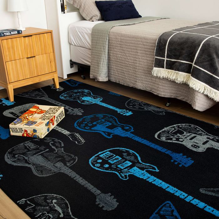 Technicolor Guitar Medley Blue Area Rug