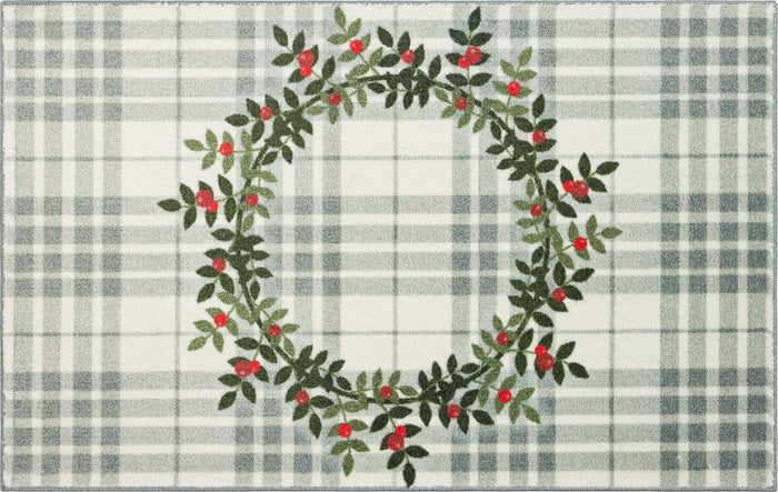 Holly Wreath Grey Plaid Accent Rug