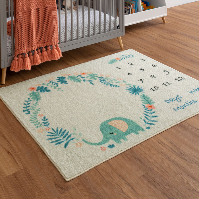 Elephant Milestone White & Blue Accent Rug