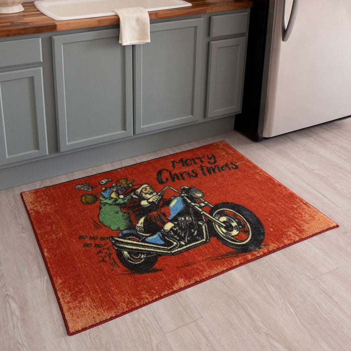 Motorcycle Santa Red Accent Rug