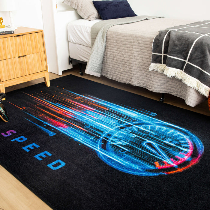 Technicolor Speed Black Area Rug