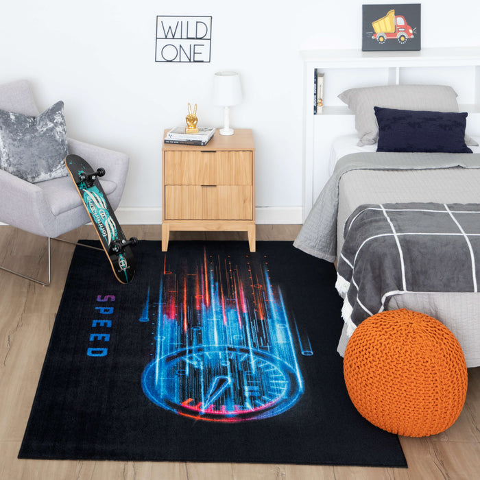 Technicolor Speed Black Area Rug