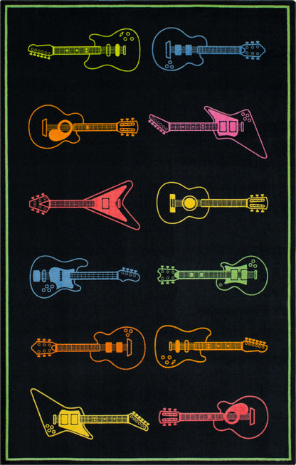 Technicolor Neon Guitars Black Area Rug