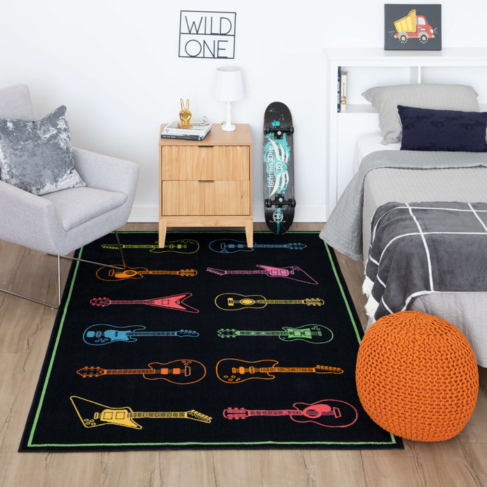 Technicolor Neon Guitars Black Area Rug