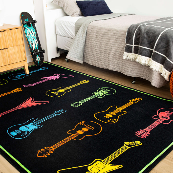 Technicolor Neon Guitars Black Area Rug