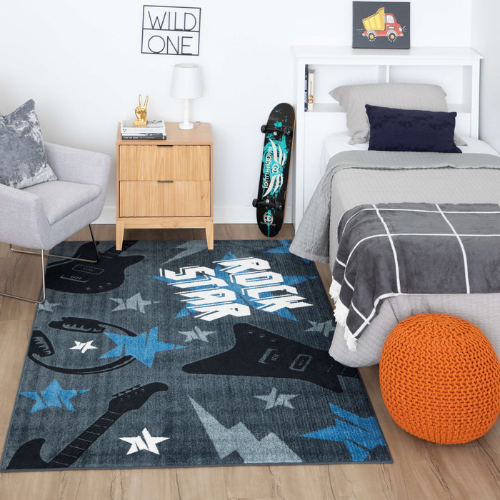 Technicolor Rock On Blue Area Rug