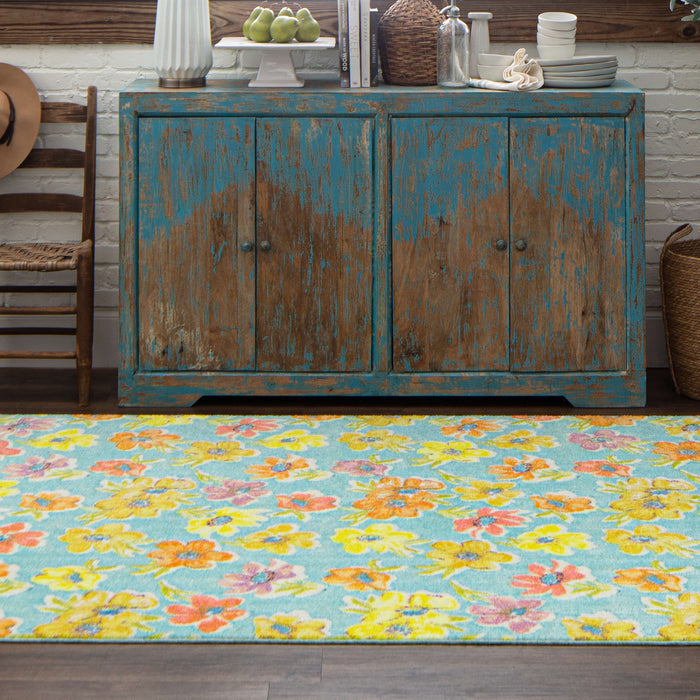 Technicolor Delicate Florals Blue Area Rug