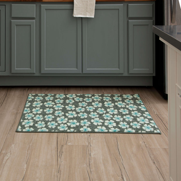 Delicate Floral Grey and Aqua Accent Rug