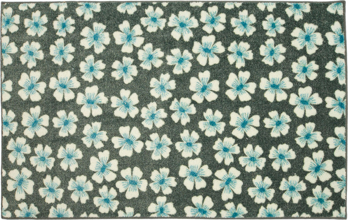 Delicate Floral Grey and Aqua Accent Rug