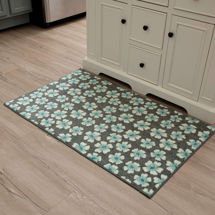 Delicate Floral Grey and Aqua Accent Rug