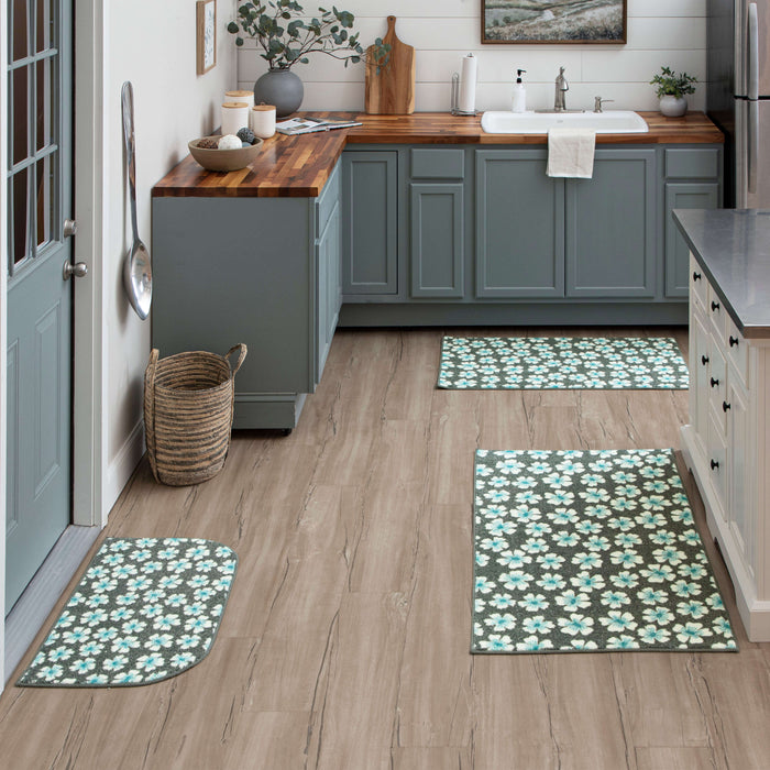 Delicate Floral Grey and Aqua Accent Rug