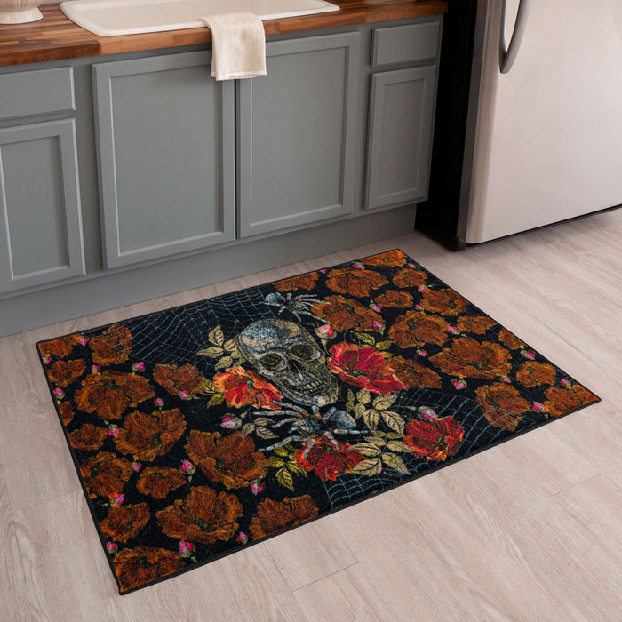Skull Roses Black Accent Rug