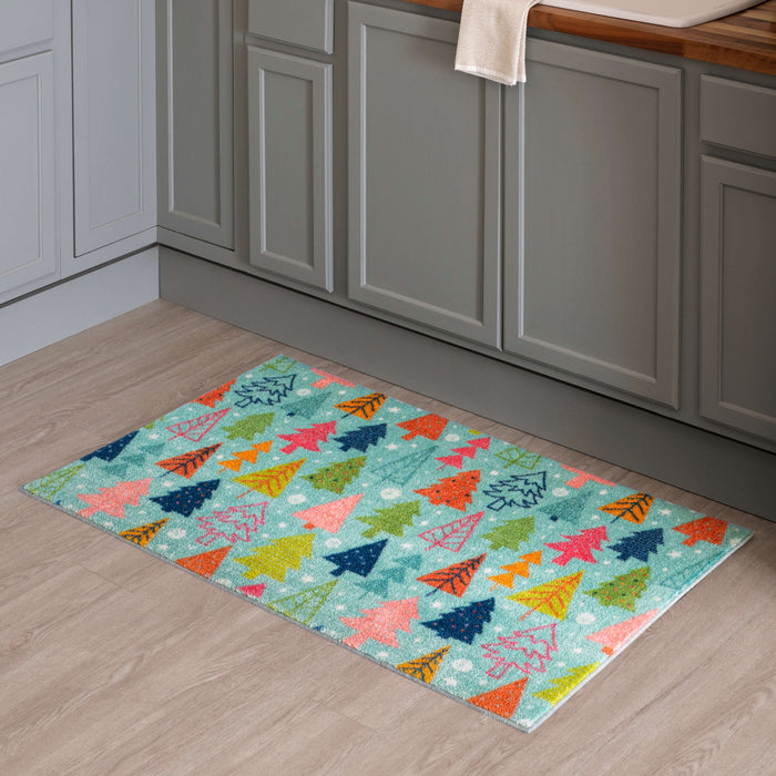 Cheerful Christmas Trees Aqua Accent Rug
