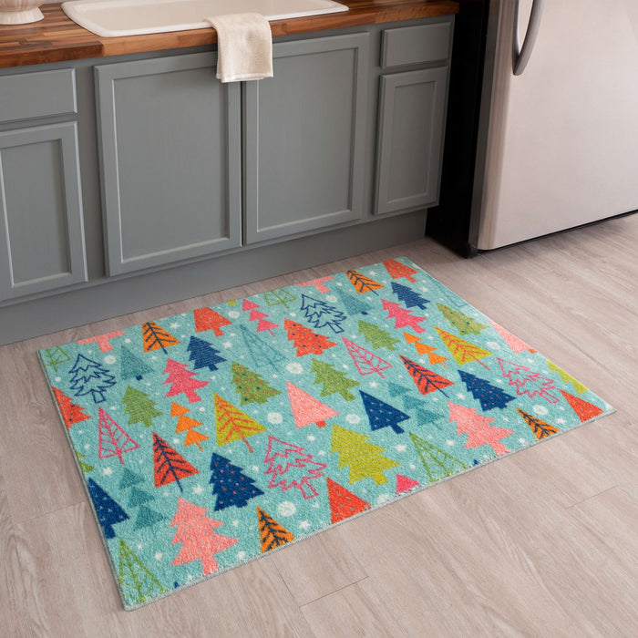 Cheerful Christmas Trees Aqua Accent Rug