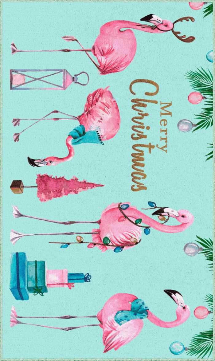 Christmas Flamingos Blue Mat